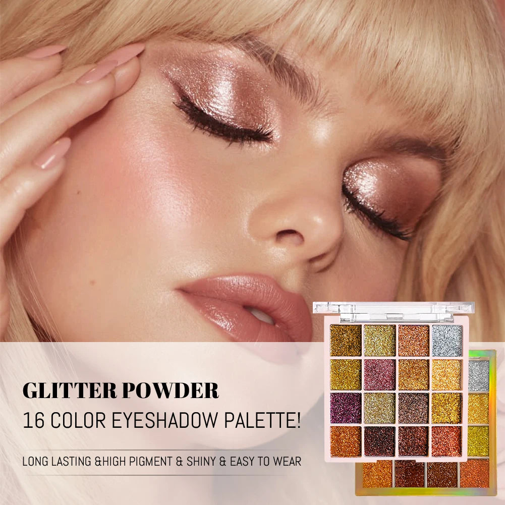 16 Colors Ultra Sparkle Glitter Eyeshadow Palette Waterproof Long-Lasting Highly Pigmented Shimmer Makeup,Party Cosmetics mbzr