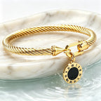 316L Stainless Steel Twisted Cable Bangle Roman Numeral Pendant Round Charm Bracelet Waterproof Hypoallergenic Fade Resistant Women Jewelry