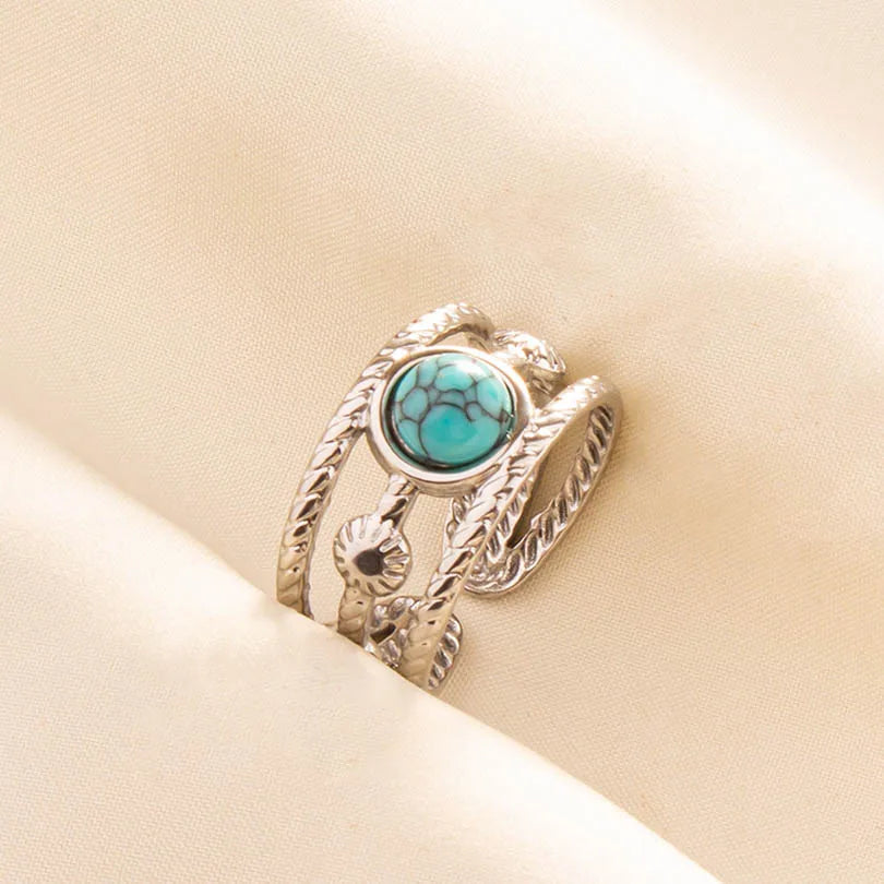 1pc Stainless Steel Boho Turquoise Open Finger Rings Trendy Adjustable Women Multi Layers Stackable