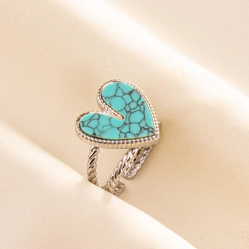 1pc Stainless Steel Boho Turquoise Open Finger Rings Trendy Adjustable Women Multi Layers Stackable
