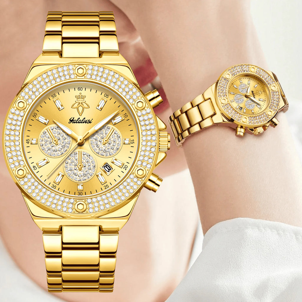 YaLaLuSi Men Women Fashion Watch, Waterproof Sports Bling Diamond Chronograph Wristwatch, Gold Band, Free Shipping