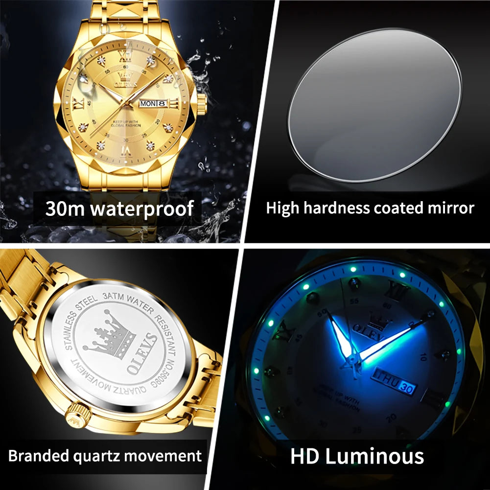 OLEVS 5609 Brand Original Quartz Movement Watch For Men Big Diamond Dual Calendar Dial Steel Bracelet HD Luminous Function 30m Waterproof Watch