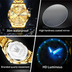 OLEVS 5609 Brand Original Quartz Movement Watch For Men Big Diamond Dual Calendar Dial Steel Bracelet HD Luminous Function 30m Waterproof Watch