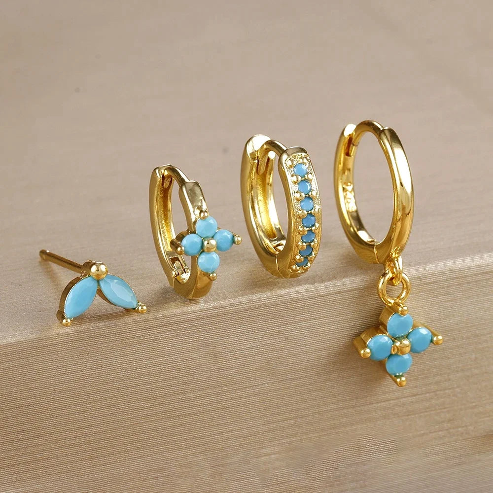 4pcs Fashion Cubic Zirconia Flower Hoop Earrings Set 18K Gold Plated Stainless Steel Stud Earring Piercing Jewelry aretes mujer