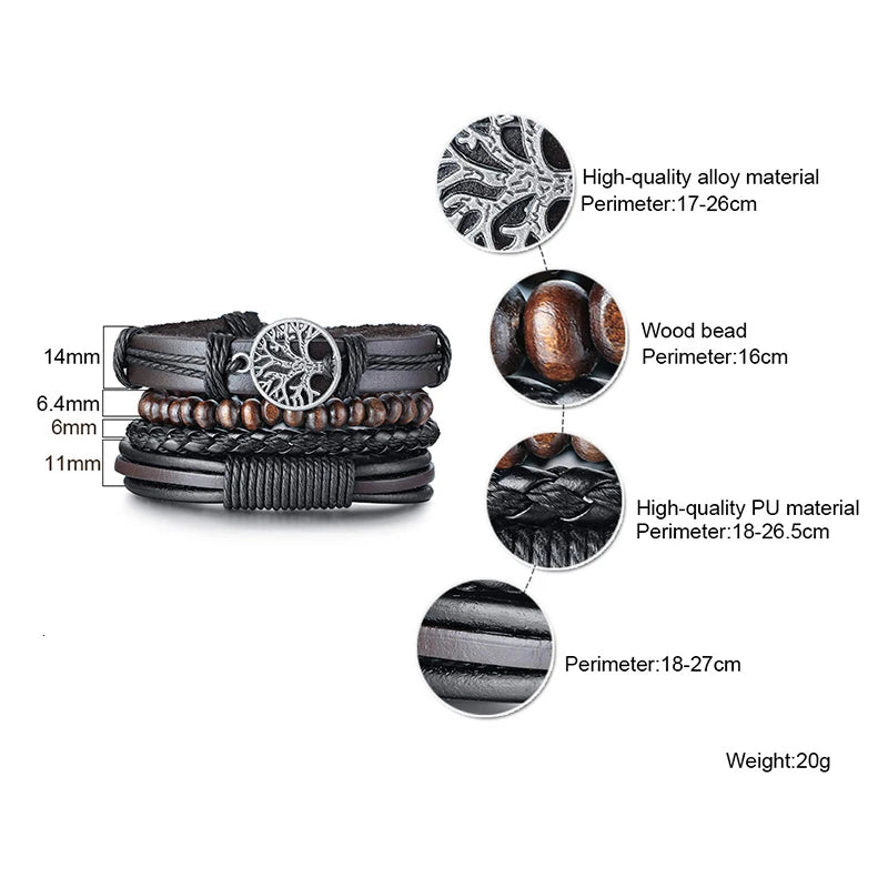 4 in 1 Braided Wrap Leather Bracelets for Men Vintage Life Tree Rudder Charm Wood Beads Ethnic Tribal Wristbands