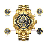 YaLaLuSi Two Tone Gold Red Mens Racing Wristwatch Large Rugged Case Multi-Function Chrono Timer Luminous Indices Polished Metal Band Fashion Quartz Watch For Workout Motorcycle Camping