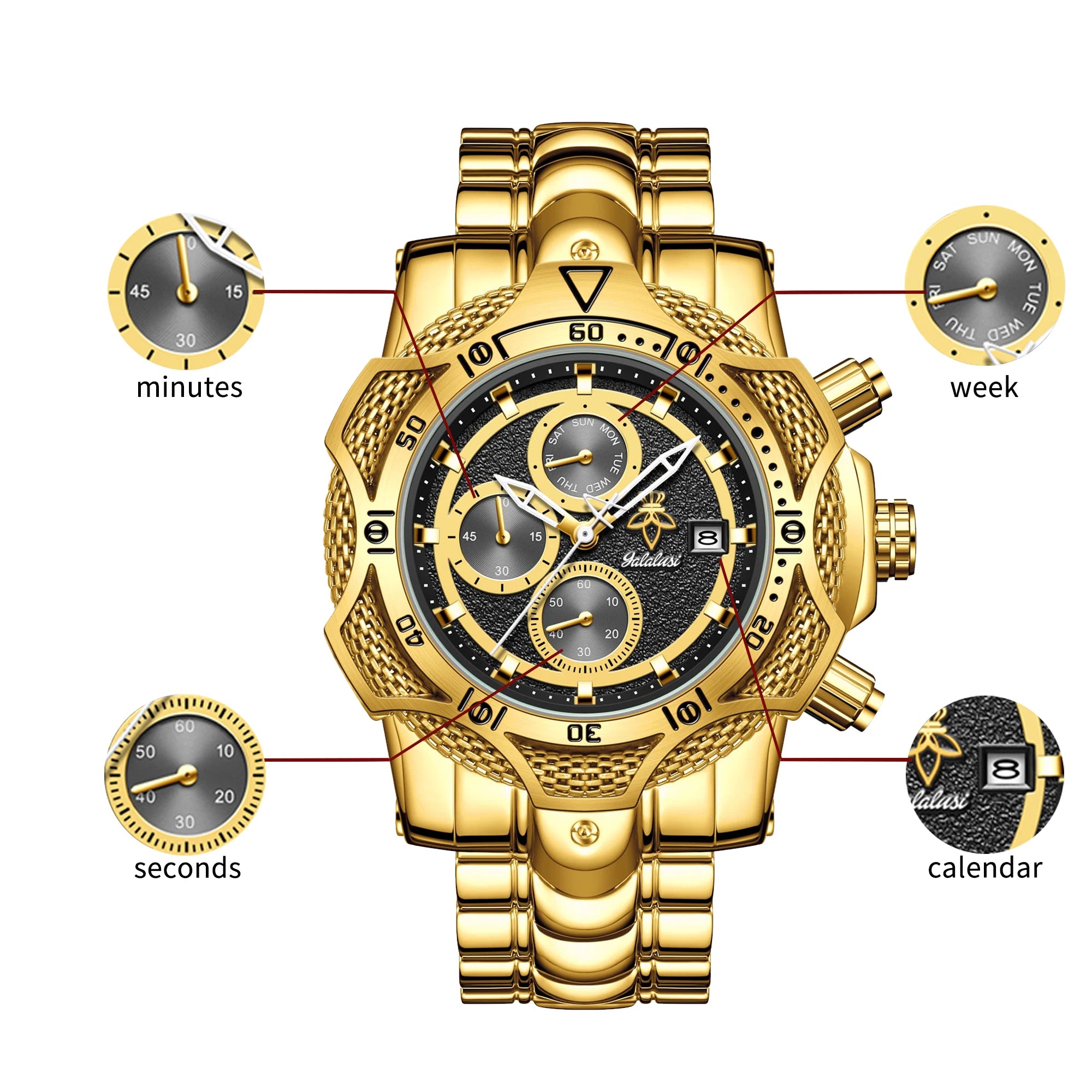 YaLaLuSi Two Tone Gold Red Mens Racing Wristwatch Large Rugged Case Multi-Function Chrono Timer Luminous Indices Polished Metal Band Fashion Quartz Watch For Workout Motorcycle Camping