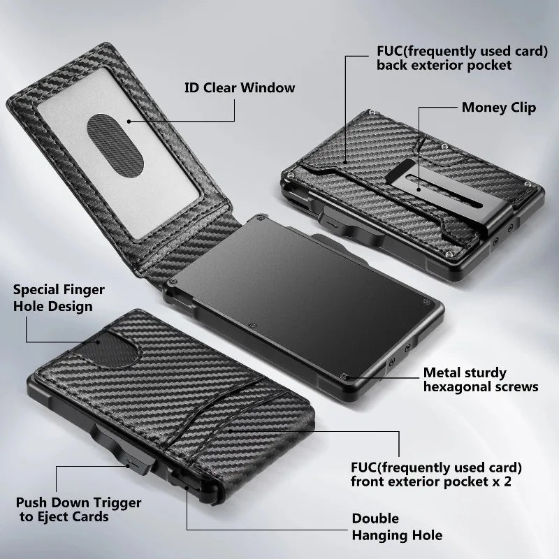 Men's Minimalist Pop Up Wallet, RFID Blocking Slim Card Holder with Money Clip & ID Window, Holds 9-13 Cards, Compact Smart Metal Wallet for Daily Business Travel Use mbzr