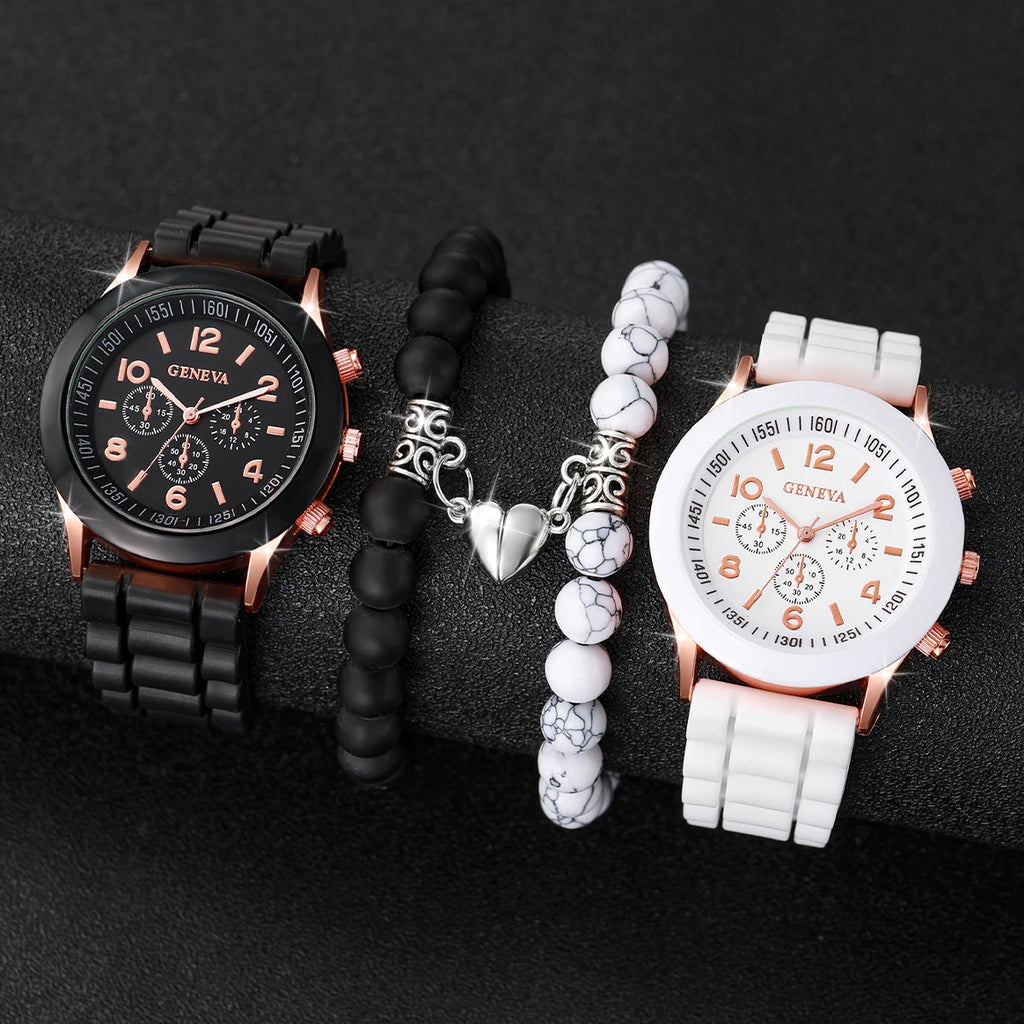 4PCS Couple Watches Fashion Arabic Women Quartz Watch Casual Silicone Band Wristwatches Magnet Heart-Shaped Bracelets Set mbzr