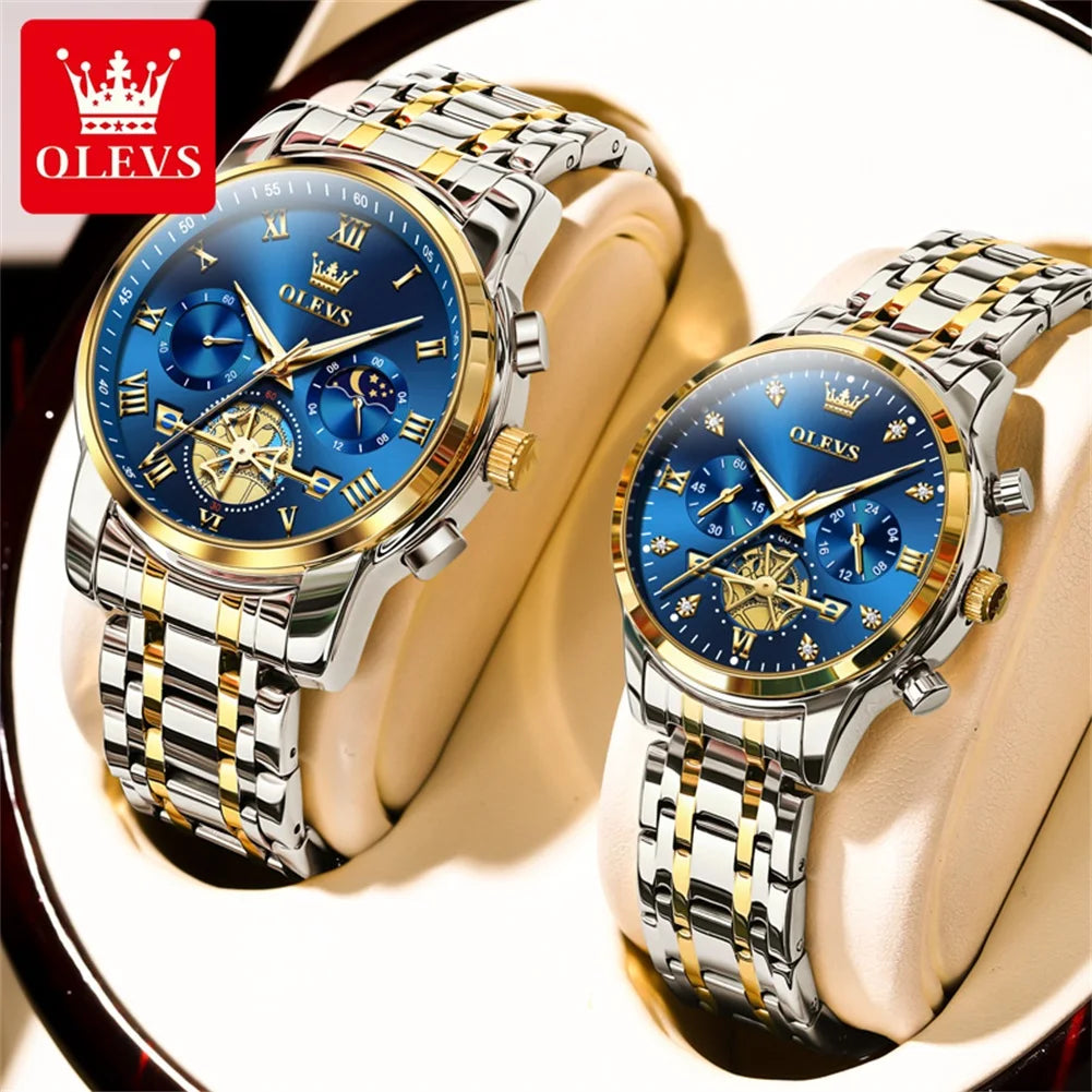 OLEVS Quartz Couple Watch Luxury Brand Waterproof Lunar Phase Timing Code Watch Elegant and Romantic Lover His  Her Couple Watch mbzr