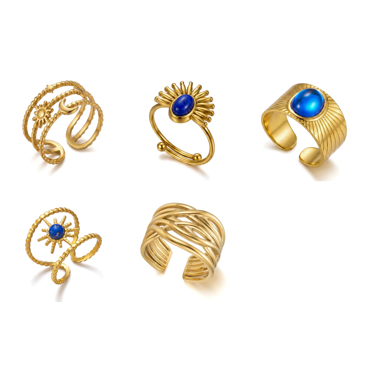 Stainless Steel Vintage Style Sun Eye Sapphire Open Ring French Hollow Star Moon Stacking Finger Rings