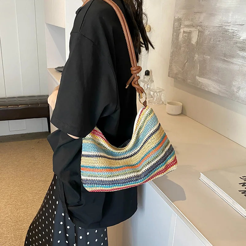Women's Striped Woven Straw Tote Bag - Lightweight Large Capacity with Detachable Coin Purse & Zip Closure for Beach Vacation mbzr