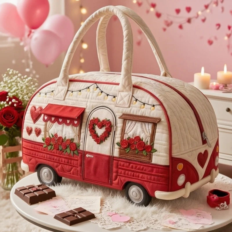 Vintage RV-style handbag, fashionable printed red rose heart design, large-capacity vacation travel beach bag, commuter tote bag for women, short-trip gym bag, multifunctional short-trip travel sports bag mbzr