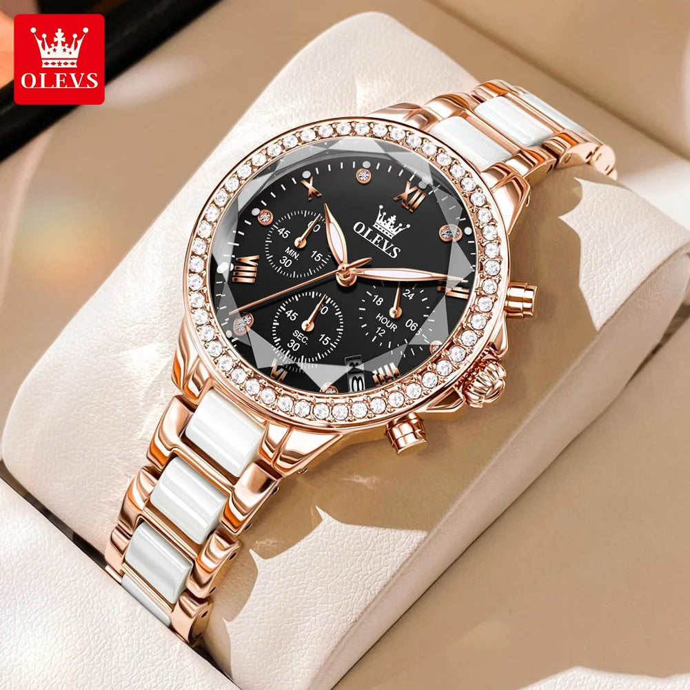 OLEVS 9999 Women Watch Brand Original Elegant Waterproof Chronograph Luxury Ceramic Dress Pink Women Quartz Watch Reloj Mujer mbzr