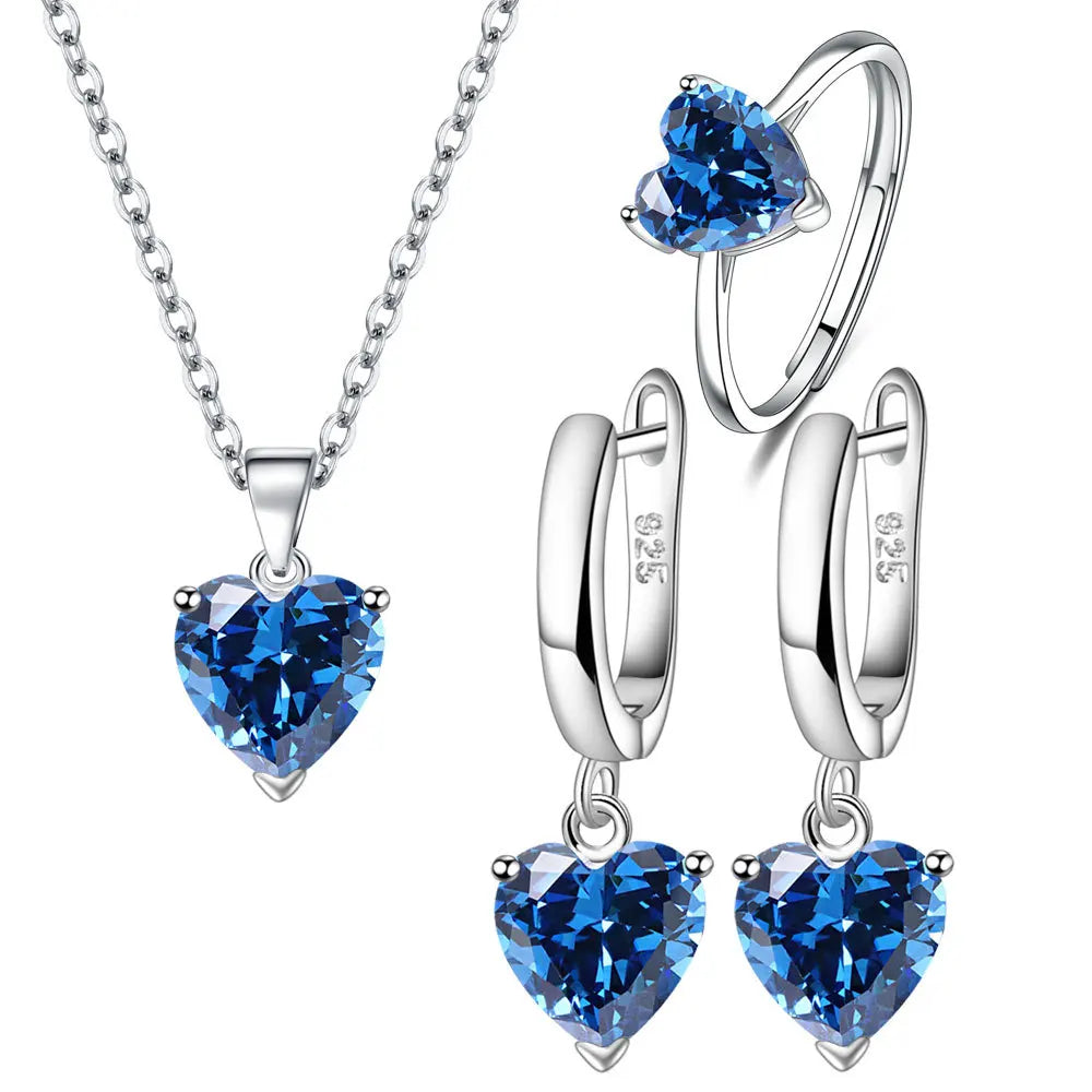 925 Sterling Silver Jewelry Sets For Women Heart Zircon Ring Earrings Necklace Wedding Bridal Elegant Christmas 18k italian real gold jewelry set for women wedding rings bracelet mbzr