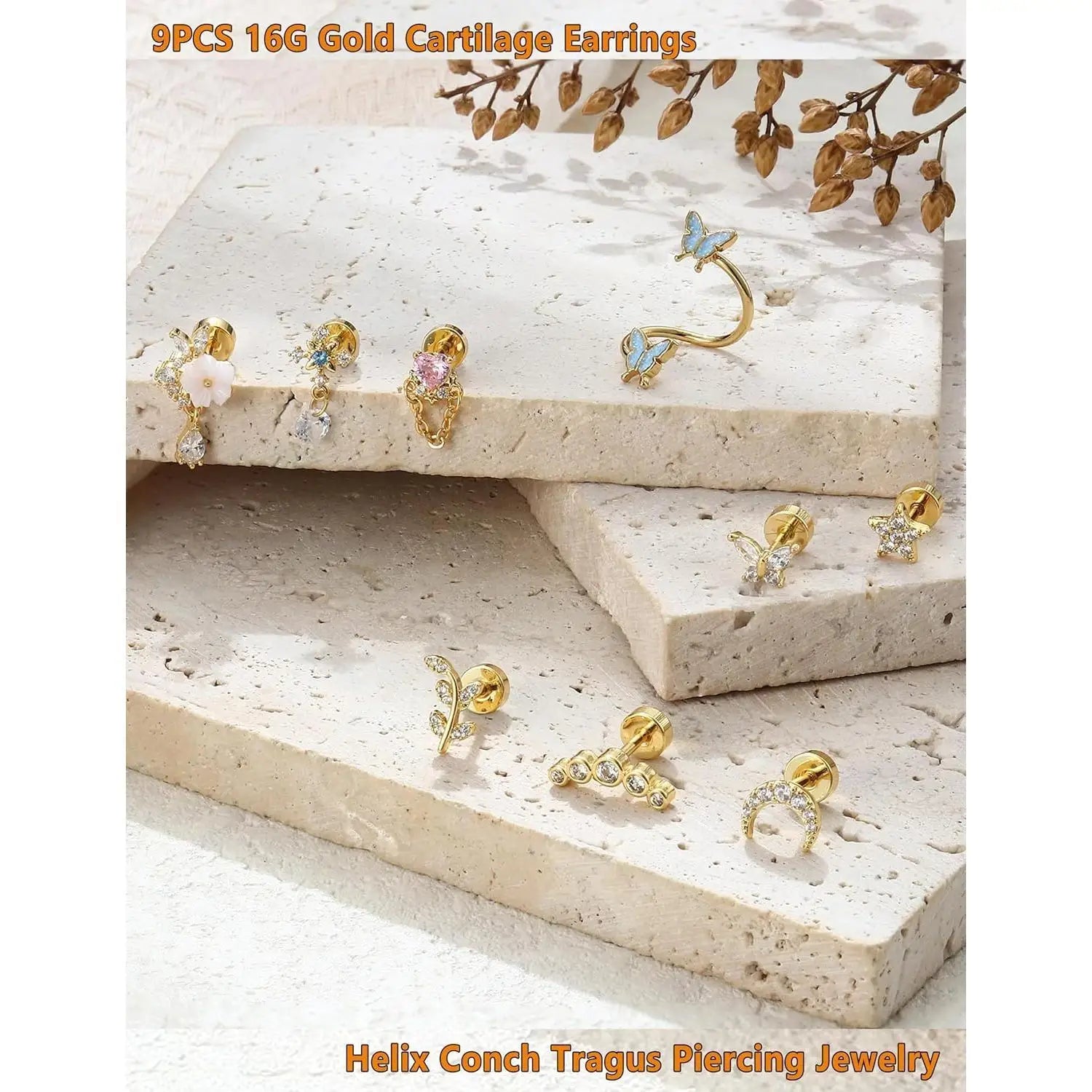 9Pcs 16G Cartilage Earrings Helix Earrings for Women Stainless Steel Helix Piercing Jewelry Leaf Butterfly CZ Studs Flat Back Cartilage Earrings Set