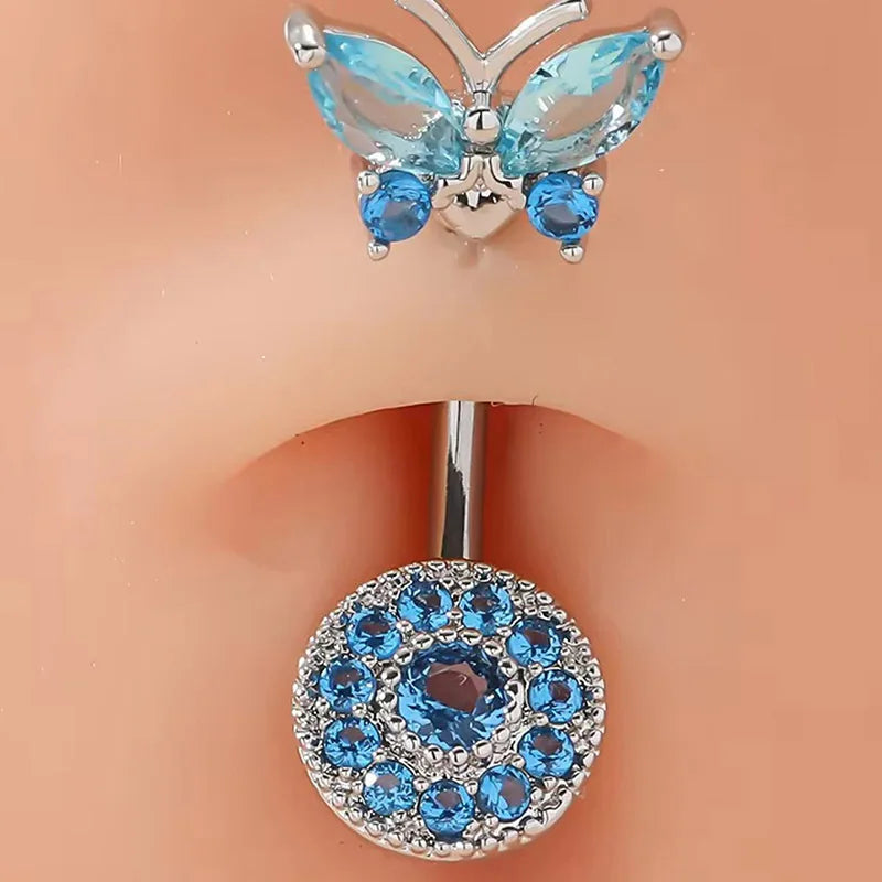 1PCS Blue Crystal Belly Button Rings Stainless Steel Heart Navel Piercing Barbell For Women Butterfly Belly Ring Beach Jewelry