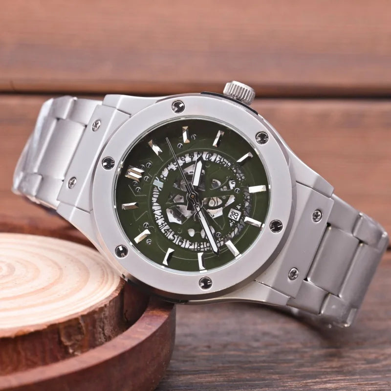 Fashion Luxury‑Style Mens Quartz Wristwatch Hollow‑Cut Dial Alloy Case Metal Strap Date Display Daily‑Waterproof Casual Sports Watch for Men