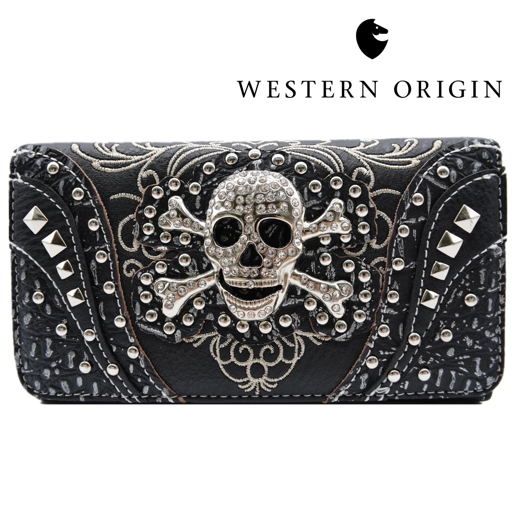 Punk Gothic Rock Metallic Skull Day of the Dead Floral Sugar Skull Leather Purse Women Handbag Shoulder Bag Wallet Set
