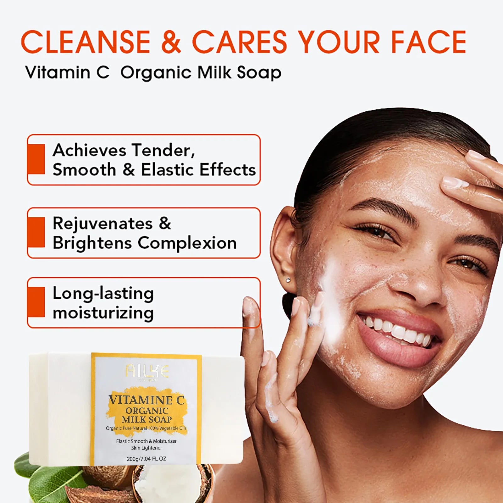Ailke organic milk soaps containing vitamin C, whitening, wrinkle reducing, anti-aging, smoothing, and softening the skin,200g mbzr