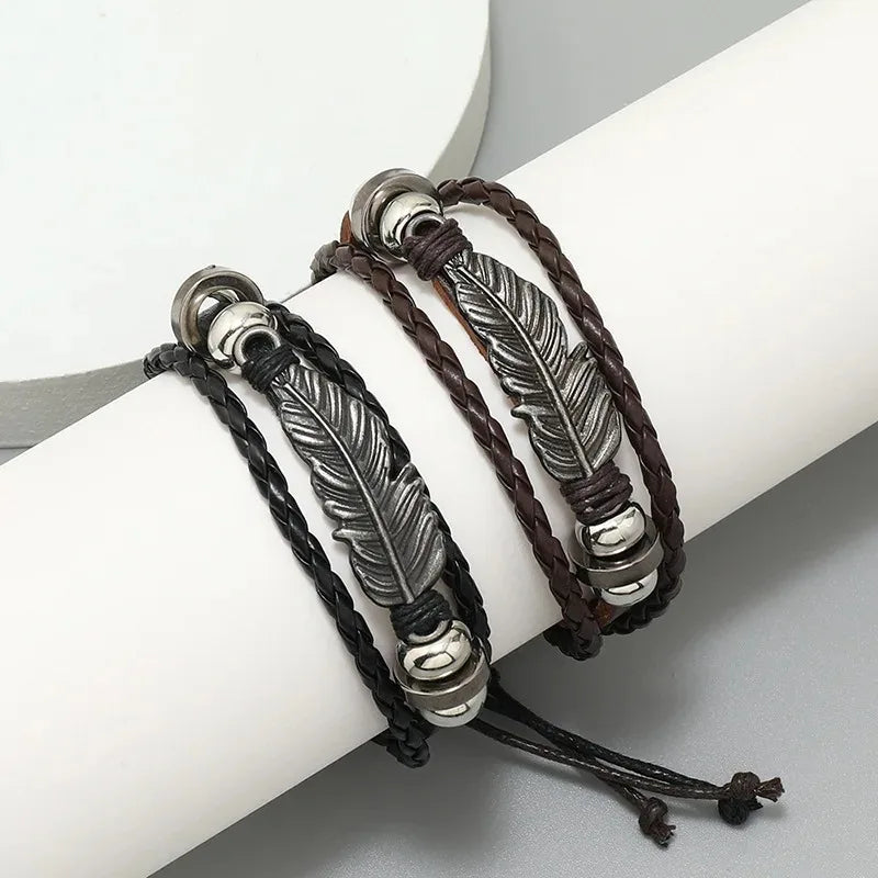 Vintage Bohemian Multi Layer PU Leather Wrap Bracelet Adjustable Pull Cord Unique Pattern Wrist Jewelry For Women Girls Daily Beach Party Birthday Gift For Her