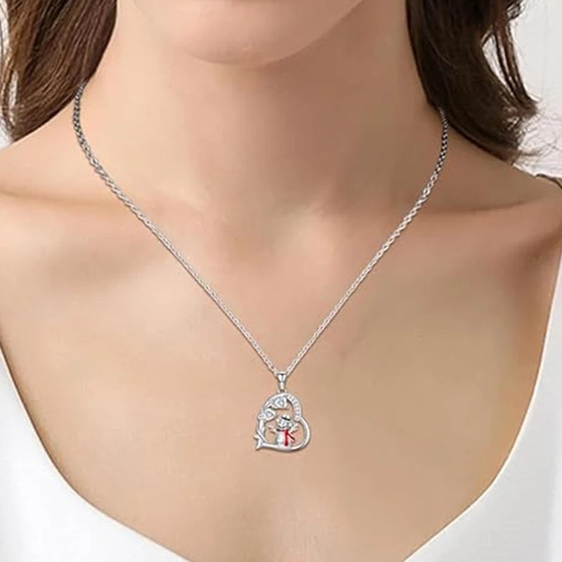 Huitan Designed Snowman Heart Pendant Necklace Red Enamel Winter Jewelry