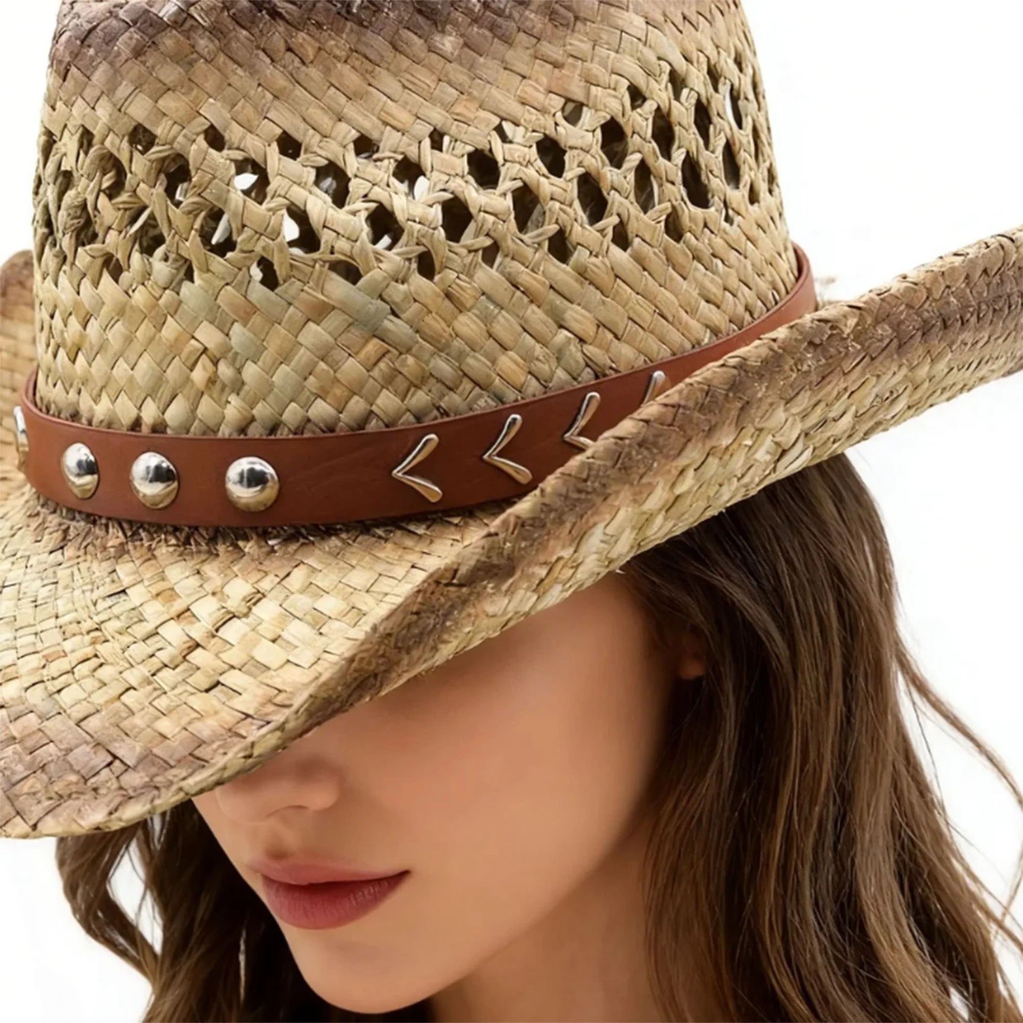 Vintage Cowboy Hat Wide Brim Western Straw Hat with Studded Belt Classic Style