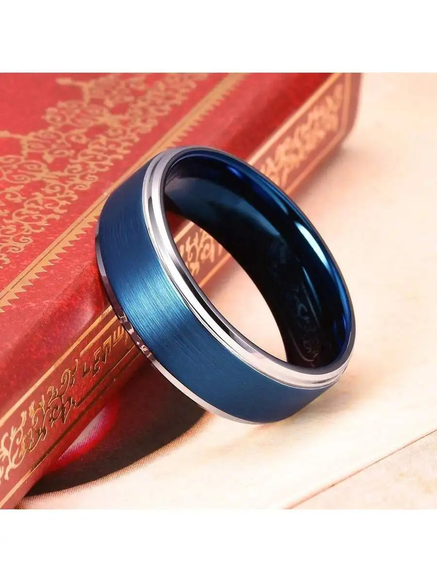 Men's Stainless Steel Ring With Blue Body And Silver Edge Brushed Surface Suitable For Daily Outings Commute Matching Dating