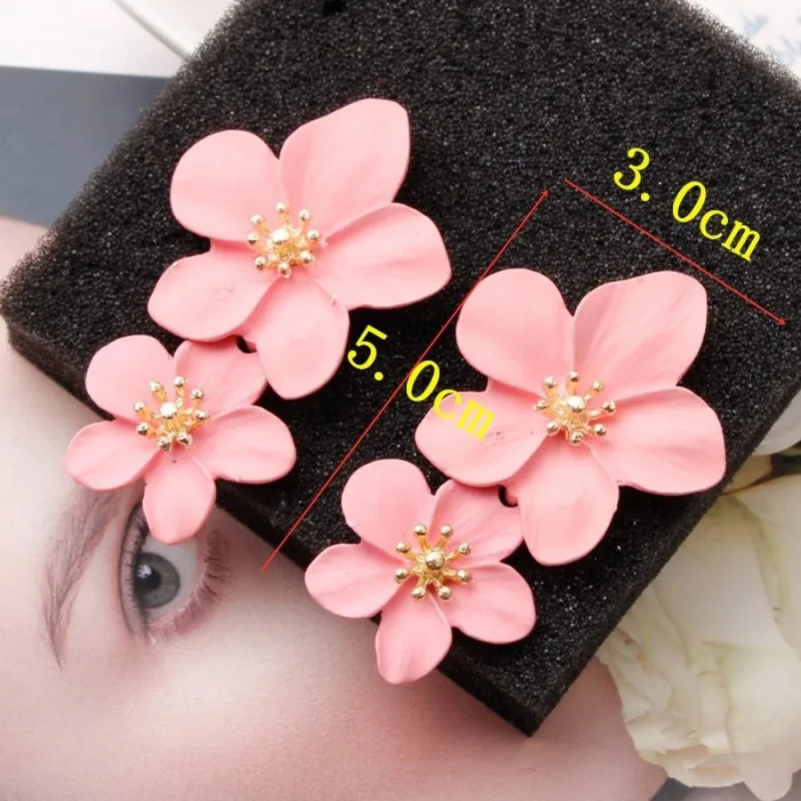 Korean Big Double Flower Drop Earrings for Woman Summer Beach Party Metal Statement Ear Boho Fashion Jewelry Girl Gift