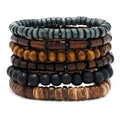 6PCS  Wodeen Braided Wrap Leather Bracelet for Men Vintage Life Wood Beads Fashion Male Armband
