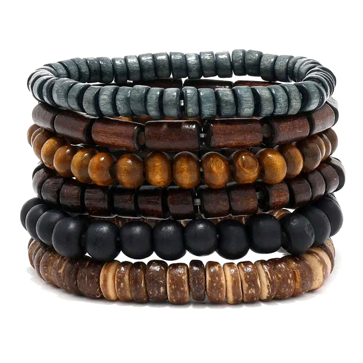 6PCS  Wodeen Braided Wrap Leather Bracelet for Men Vintage Life Wood Beads Fashion Male Armband