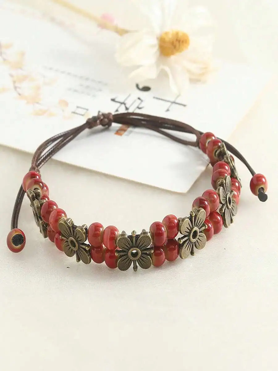 1Pc Vintage Bohemian Woven Leather Cord Bracelet For Women Girls, Handmade Colorful Beaded Bracelet With Flower Pendant Adjustable Knot, Boho Jewelry For Daily Party Dating Holiday Gift Accessory