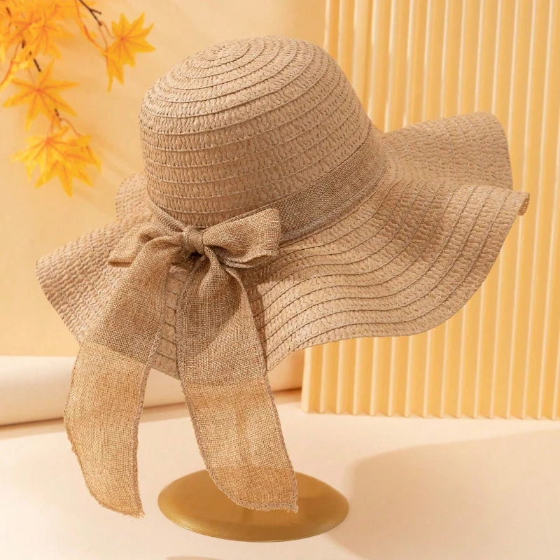 1pc Ladies' Khaki Wave Striped Bowknot Beach Hat, Boho Shell Hollow Elegant and Sun-Protected