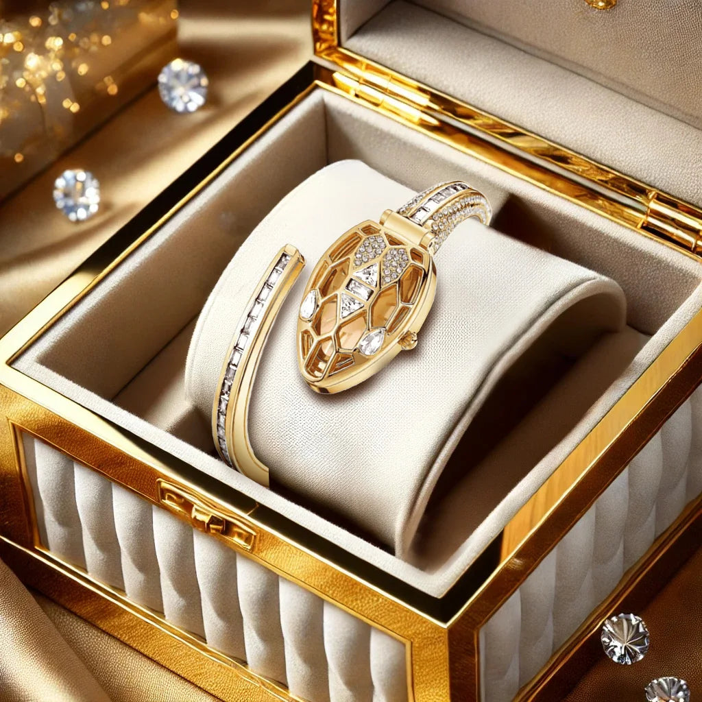 A women's golden snake shaped bracelet with hollowed out design, fashionable and elegant quartz watch, high-end accessory mbzr