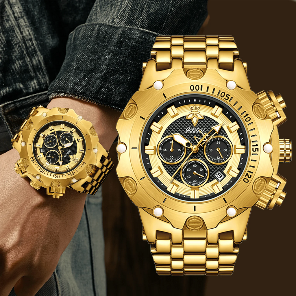 YaLaLuSi Men's Fashion Waterproof Sport Watch Gold Strap Luxury Multifunctional Atmospheric Dial Practical Free Shipping mbzr