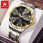OLEVS 5609 Brand Original Quartz Movement Watch For Men Big Diamond Dual Calendar Dial Steel Bracelet HD Luminous Function 30m Waterproof Watch