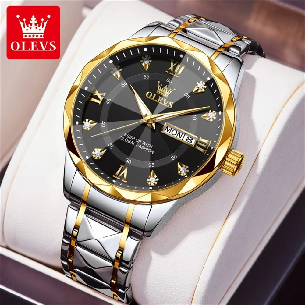 OLEVS 5609 Brand Original Quartz Movement Watch For Men Big Diamond Dual Calendar Dial Steel Bracelet HD Luminous Function 30m Waterproof Watch