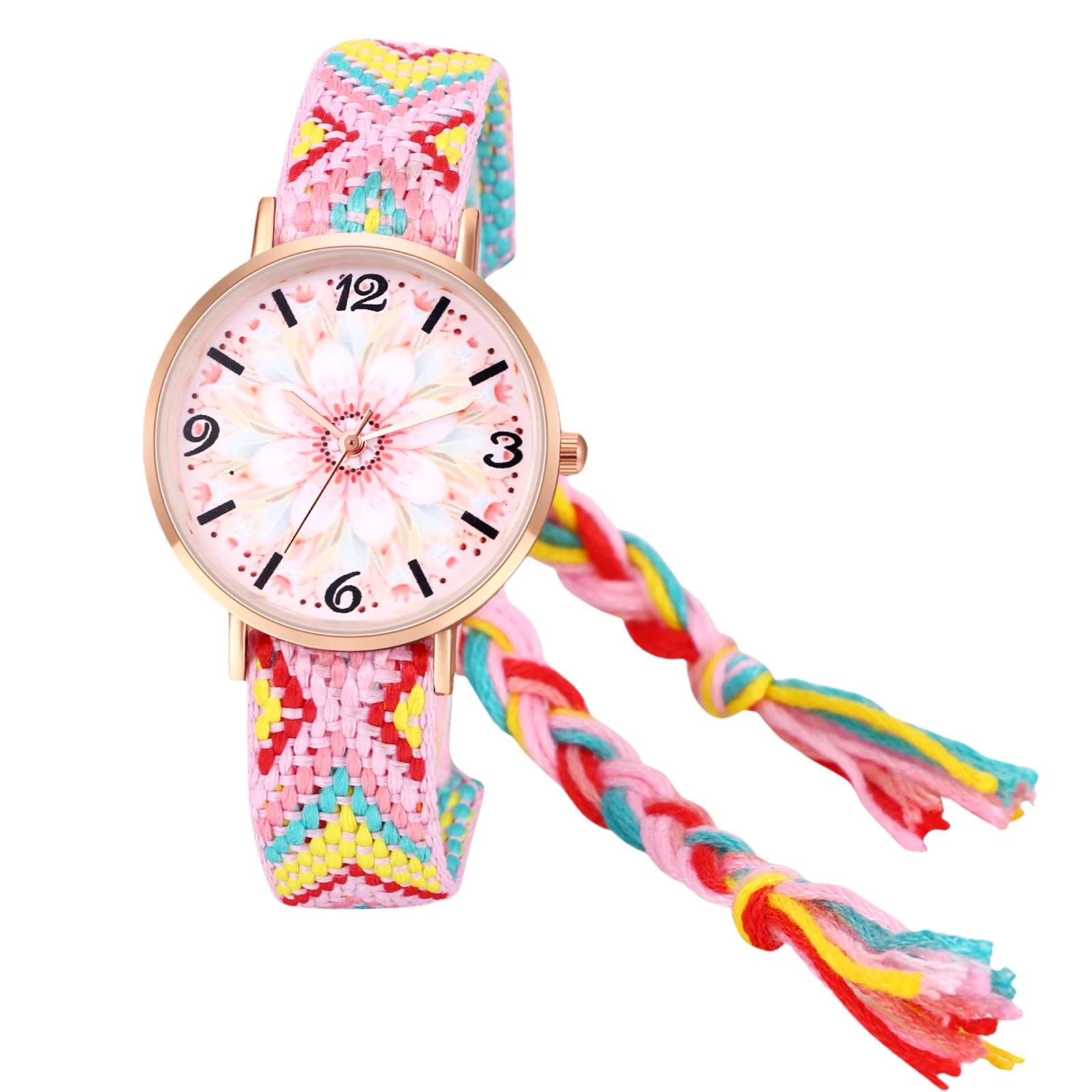 LANCARDO Bohemian Ladies Bracelet Watch Woven Rainbow Strap Floral Print Dial Analog Quartz Watch Girl Gift