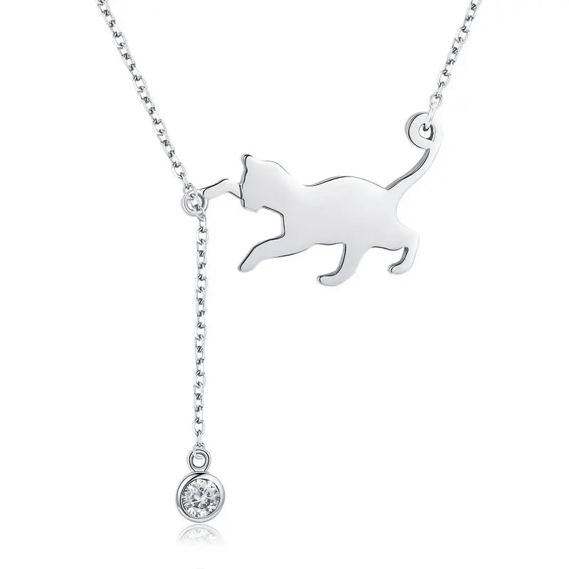 WOSTU 100% 925 Sterling Silver Playful Cat Pet Chains Pendant Necklace For Women Luxury Brand Jewelry