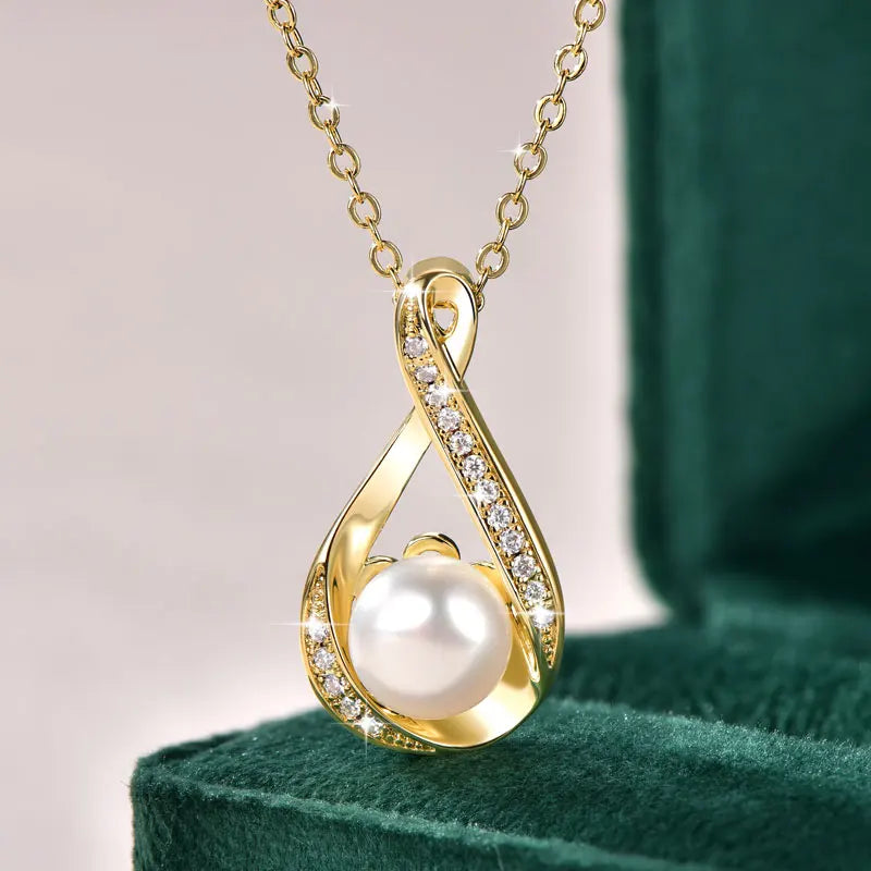 OXTAO 8-9mm Pearl Necklace& Earring Jewelry Set 14K Gold Filled Moissanite Infinity Charm Necklaces Wedding Promise Band Jewelry