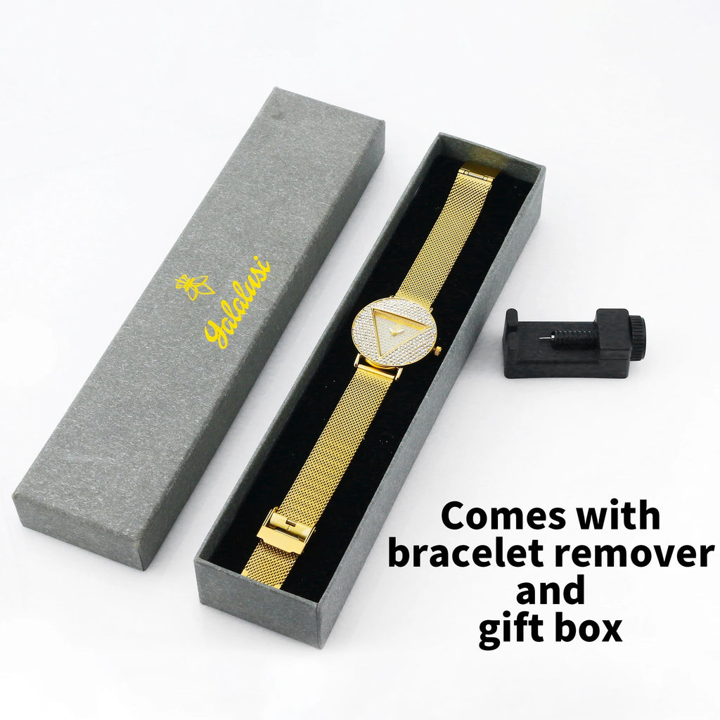 YaLaLuSi Geometric Triangle Rhinestone Ladies Wristwatch Full Paved Crystal Dial Gold Mesh Bracelet Quartz Fashion Women Dress Watch