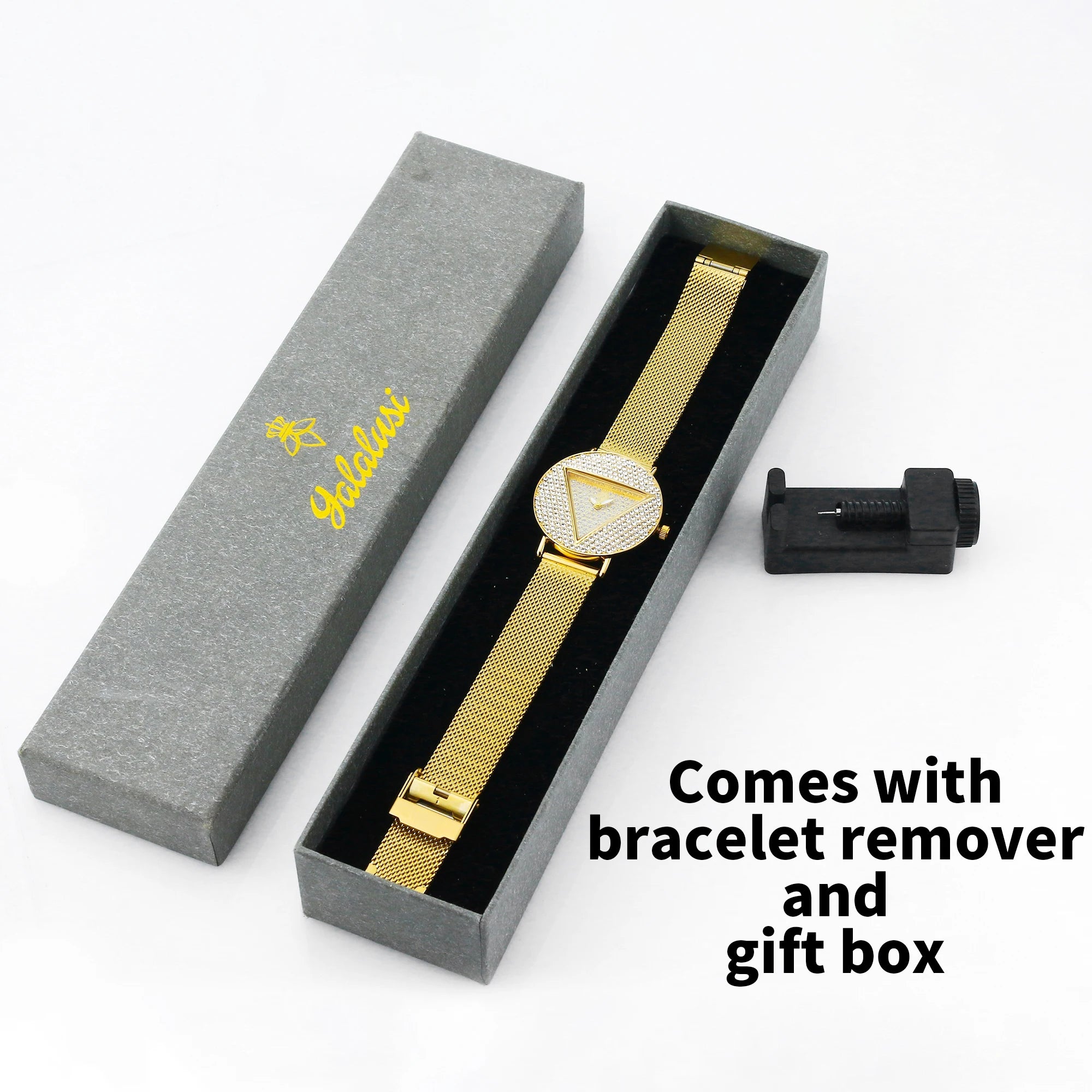 YaLaLuSi Geometric Triangle Rhinestone Ladies Wristwatch Full Paved Crystal Dial Gold Mesh Bracelet Quartz Fashion Women Dress Watch