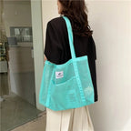 Women Transparent Mesh Net Shoulder Winder Bag Fashionable Portable Shopping Travel Beach Tote Handbag mbzr