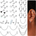 33Pcs 20G Cartilage Earrings Set for Women Men Surgical Steel Earrings CZ Flat Back Stud Earrings Hoop Helix Piercing Jewelry