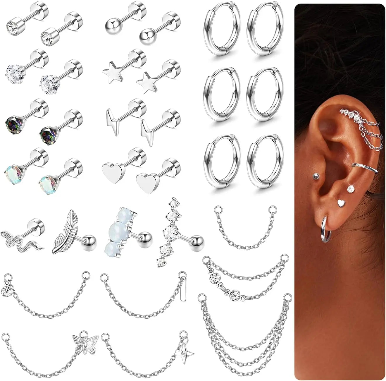 33Pcs 20G Cartilage Earrings Set for Women Men Surgical Steel Earrings CZ Flat Back Stud Earrings Hoop Helix Piercing Jewelry