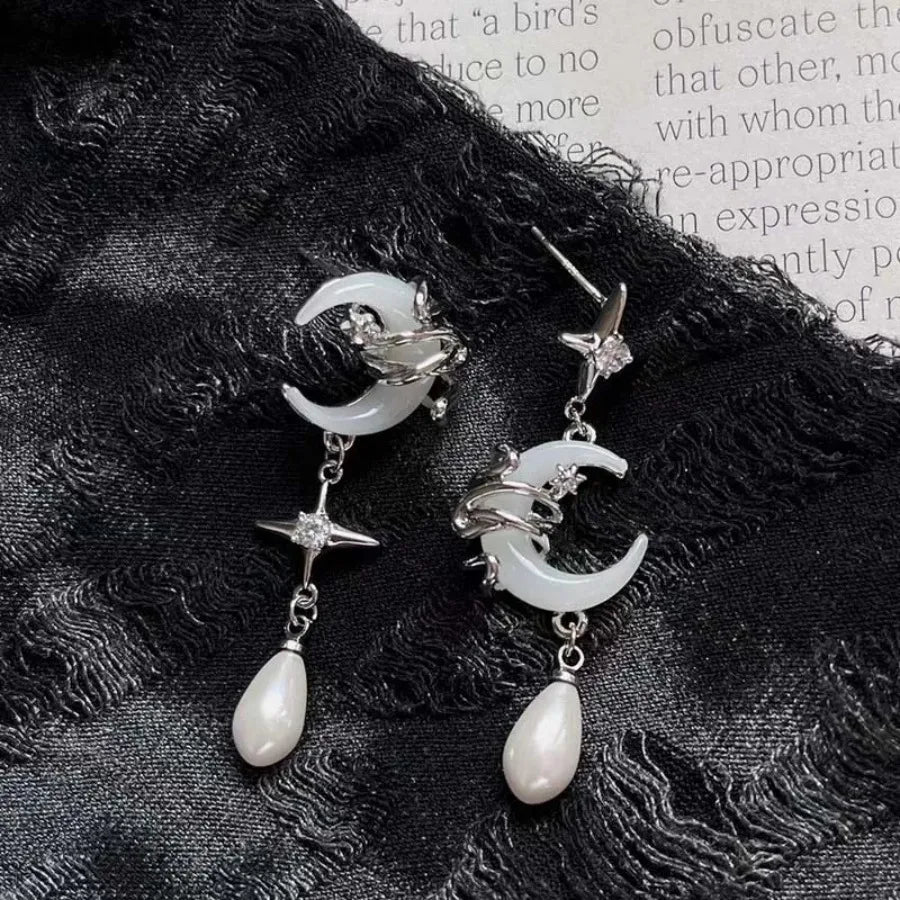 Fashion Asymmetric Shiny Star Moon Drop Earrings for Women Exquisite Metal Crystal Pearl Earrings Aesthetic Jewelry Accessories