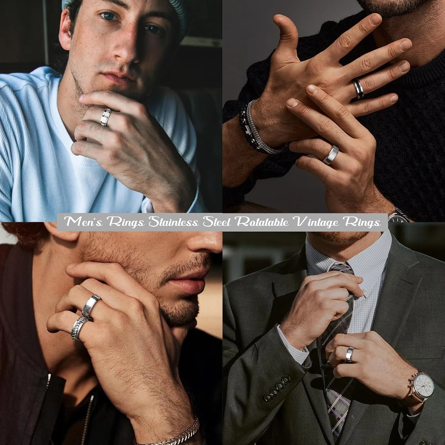 6Pcs Mens Rings 316L Stainless Steel for Men Women Vintage Thumb Engagement Ring Wedding Band Fidget Ring Set Jewel Gift