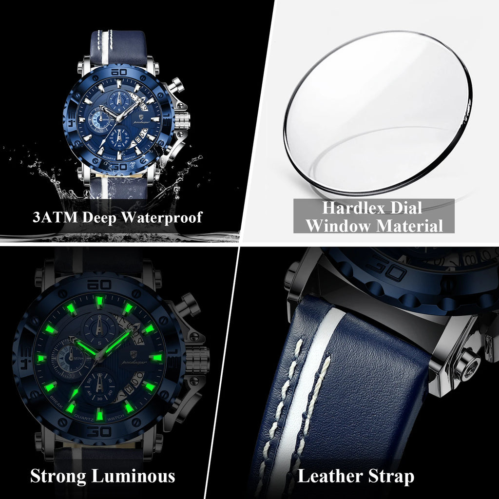 POEDAGAR Original Watches For Man Waterproof Luminous Date Fashion Male Clock Chronograph Leather Quartz Sports Men's Wristwatch Big Dial Male Reloj