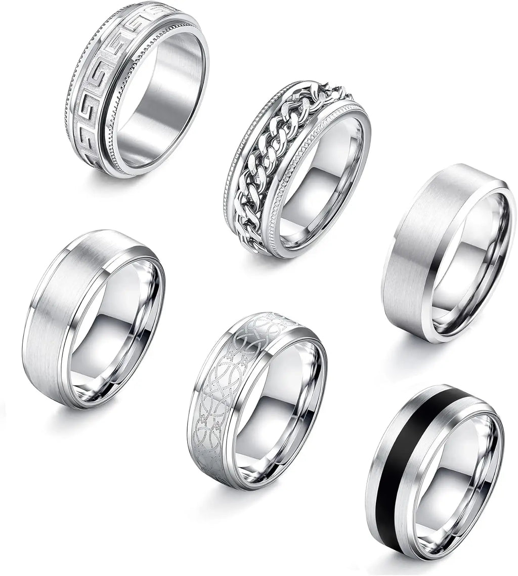 6Pcs Mens Rings 316L Stainless Steel for Men Women Vintage Thumb Engagement Ring Wedding Band Fidget Ring Set Jewel Gift