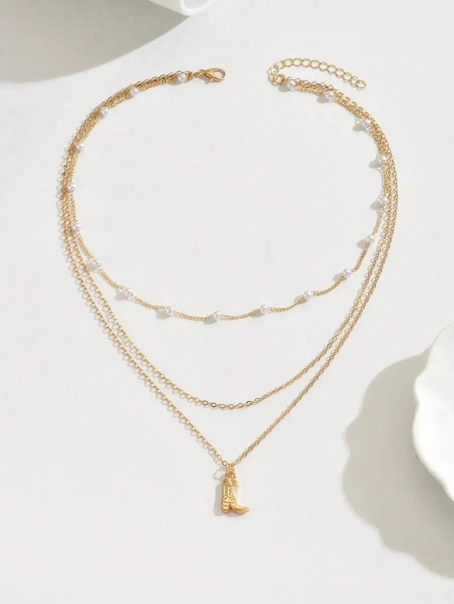Exquisite Women's Multi-Layer Pendant Necklace, Western Style Boot Pendant Women's Jewelry, Detailed With Faux Pearl, Suitable F